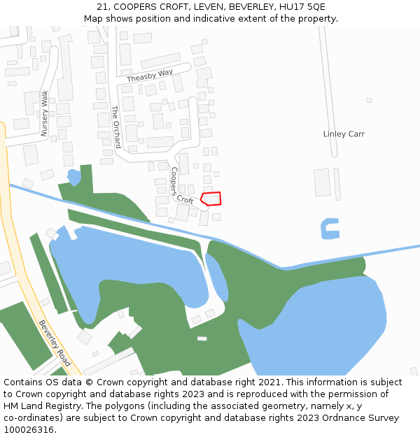 21, COOPERS CROFT, LEVEN, BEVERLEY, HU17 5QE: Location map and indicative extent of plot