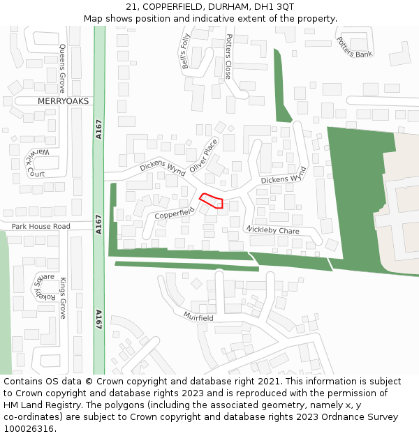 21, COPPERFIELD, DURHAM, DH1 3QT: Location map and indicative extent of plot