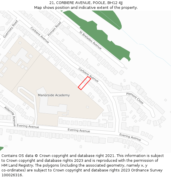 21, CORBIERE AVENUE, POOLE, BH12 4JJ: Location map and indicative extent of plot