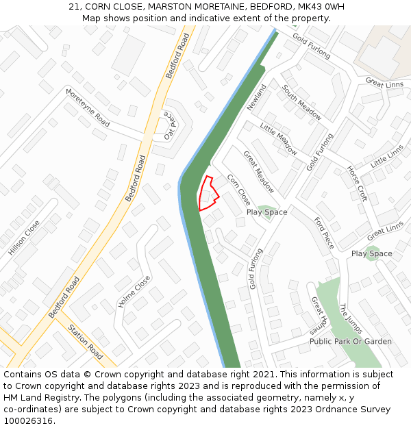 21, CORN CLOSE, MARSTON MORETAINE, BEDFORD, MK43 0WH: Location map and indicative extent of plot