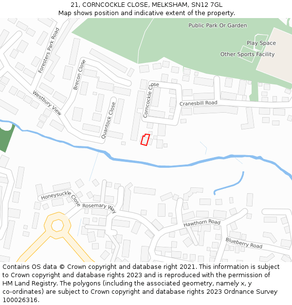 21, CORNCOCKLE CLOSE, MELKSHAM, SN12 7GL: Location map and indicative extent of plot