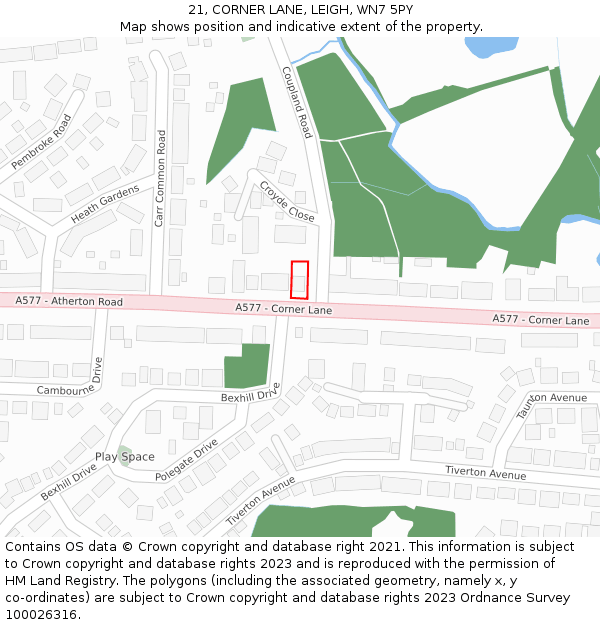 21, CORNER LANE, LEIGH, WN7 5PY: Location map and indicative extent of plot