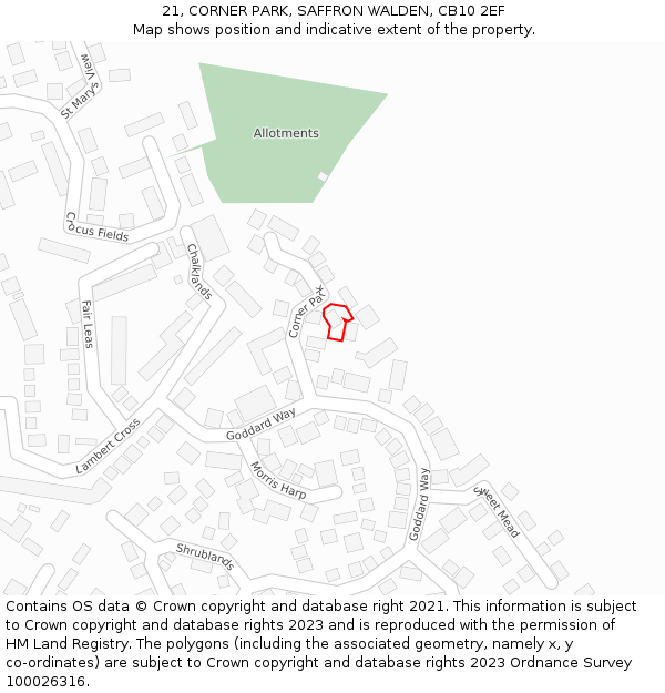 21, CORNER PARK, SAFFRON WALDEN, CB10 2EF: Location map and indicative extent of plot