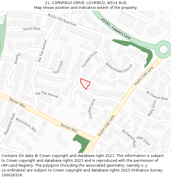 21, CORNFIELD DRIVE, LICHFIELD, WS14 9UG: Location map and indicative extent of plot