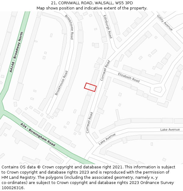 21, CORNWALL ROAD, WALSALL, WS5 3PD: Location map and indicative extent of plot
