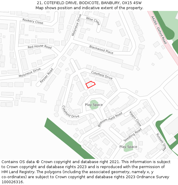 21, COTEFIELD DRIVE, BODICOTE, BANBURY, OX15 4SW: Location map and indicative extent of plot