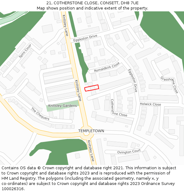 21, COTHERSTONE CLOSE, CONSETT, DH8 7UE: Location map and indicative extent of plot