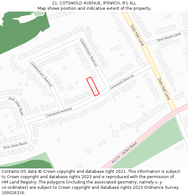 21, COTSWOLD AVENUE, IPSWICH, IP1 4LL: Location map and indicative extent of plot