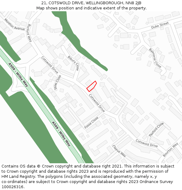 21, COTSWOLD DRIVE, WELLINGBOROUGH, NN8 2JB: Location map and indicative extent of plot