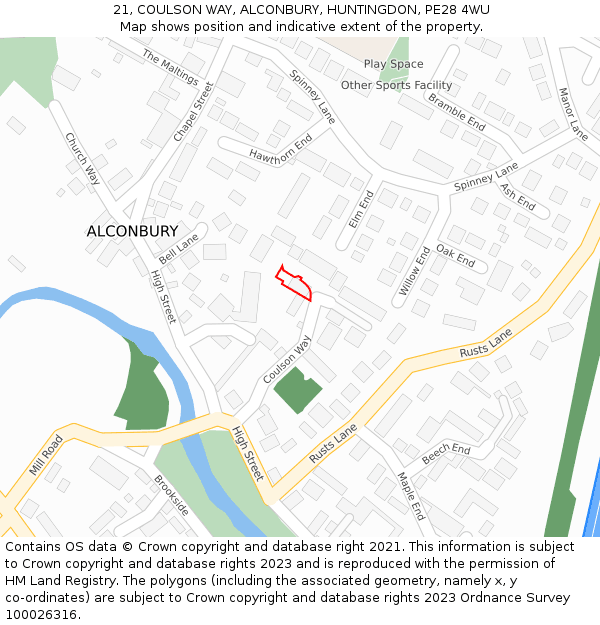 21, COULSON WAY, ALCONBURY, HUNTINGDON, PE28 4WU: Location map and indicative extent of plot