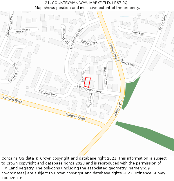 21, COUNTRYMAN WAY, MARKFIELD, LE67 9QL: Location map and indicative extent of plot