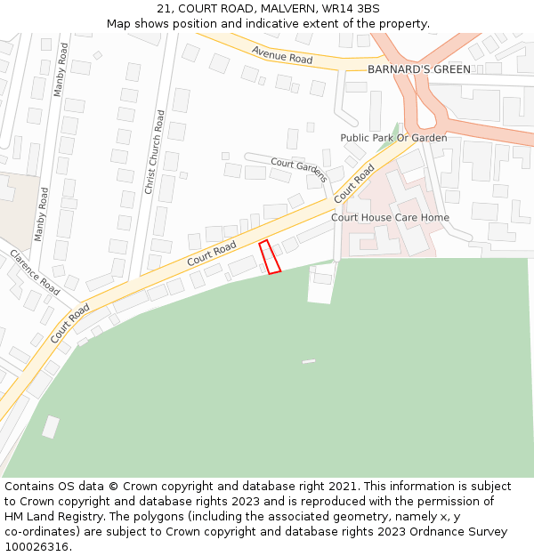 21, COURT ROAD, MALVERN, WR14 3BS: Location map and indicative extent of plot