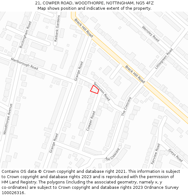 21, COWPER ROAD, WOODTHORPE, NOTTINGHAM, NG5 4FZ: Location map and indicative extent of plot