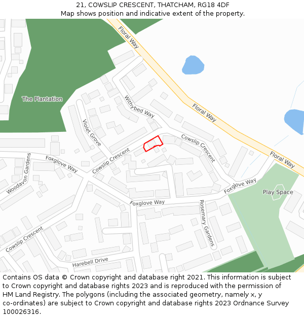 21, COWSLIP CRESCENT, THATCHAM, RG18 4DF: Location map and indicative extent of plot