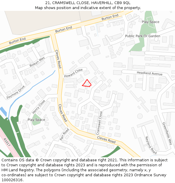 21, CRAMSWELL CLOSE, HAVERHILL, CB9 9QL: Location map and indicative extent of plot