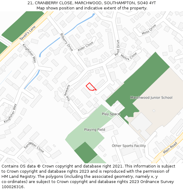 21, CRANBERRY CLOSE, MARCHWOOD, SOUTHAMPTON, SO40 4YT: Location map and indicative extent of plot