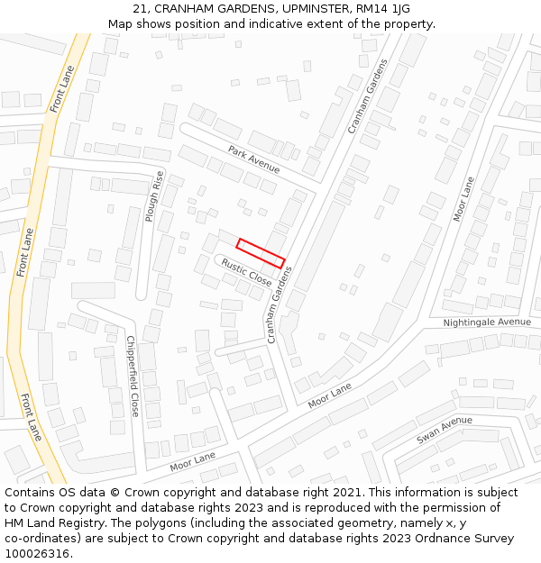 21, CRANHAM GARDENS, UPMINSTER, RM14 1JG: Location map and indicative extent of plot