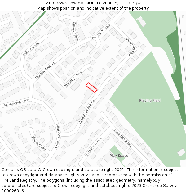 21, CRAWSHAW AVENUE, BEVERLEY, HU17 7QW: Location map and indicative extent of plot