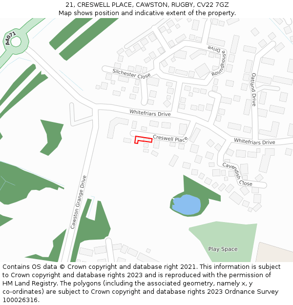 21, CRESWELL PLACE, CAWSTON, RUGBY, CV22 7GZ: Location map and indicative extent of plot