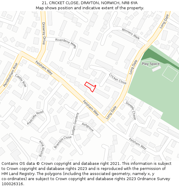 21, CRICKET CLOSE, DRAYTON, NORWICH, NR8 6YA: Location map and indicative extent of plot