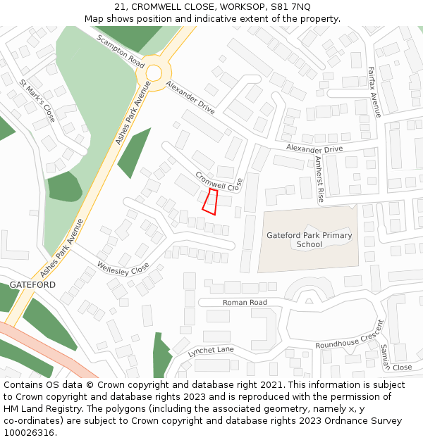 21, CROMWELL CLOSE, WORKSOP, S81 7NQ: Location map and indicative extent of plot