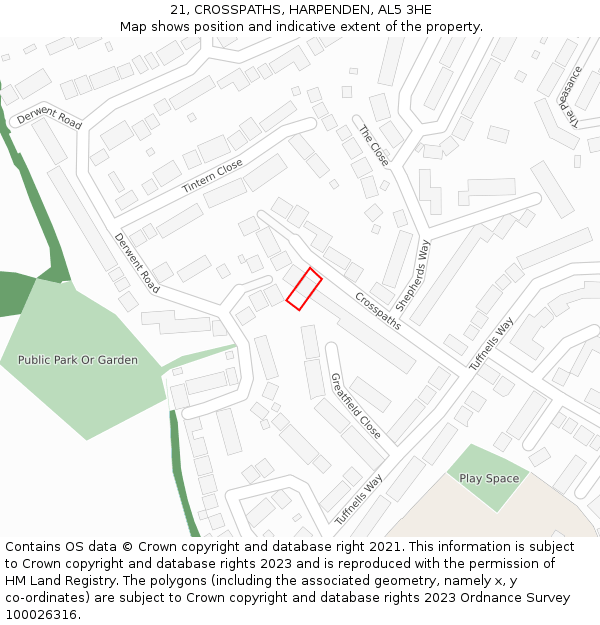 21, CROSSPATHS, HARPENDEN, AL5 3HE: Location map and indicative extent of plot