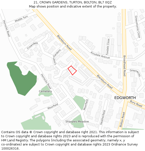 21, CROWN GARDENS, TURTON, BOLTON, BL7 0QZ: Location map and indicative extent of plot