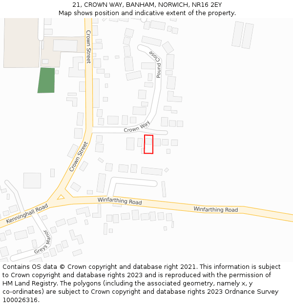 21, CROWN WAY, BANHAM, NORWICH, NR16 2EY: Location map and indicative extent of plot