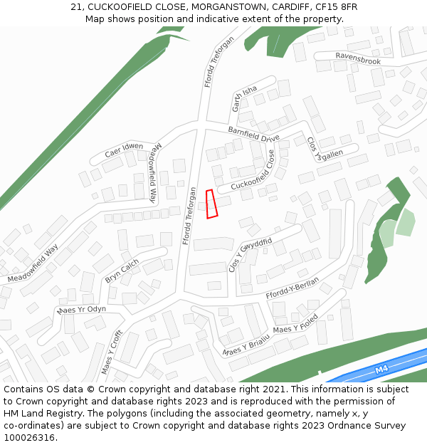 21, CUCKOOFIELD CLOSE, MORGANSTOWN, CARDIFF, CF15 8FR: Location map and indicative extent of plot