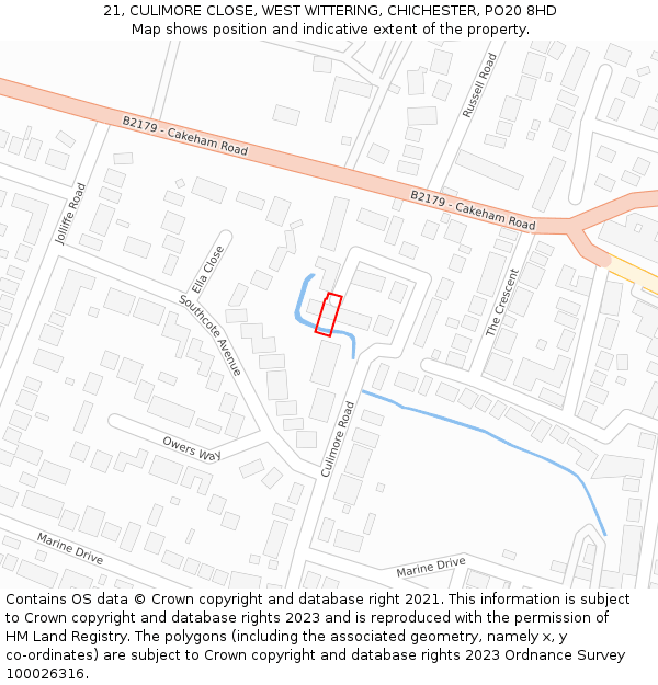 21, CULIMORE CLOSE, WEST WITTERING, CHICHESTER, PO20 8HD: Location map and indicative extent of plot