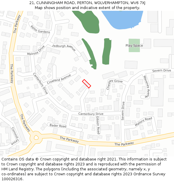 21, CUNNINGHAM ROAD, PERTON, WOLVERHAMPTON, WV6 7XJ: Location map and indicative extent of plot