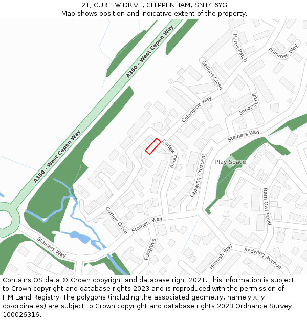 21, CURLEW DRIVE, CHIPPENHAM, SN14 6YG: Location map and indicative extent of plot