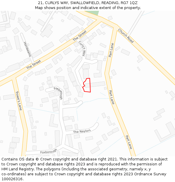 21, CURLYS WAY, SWALLOWFIELD, READING, RG7 1QZ: Location map and indicative extent of plot