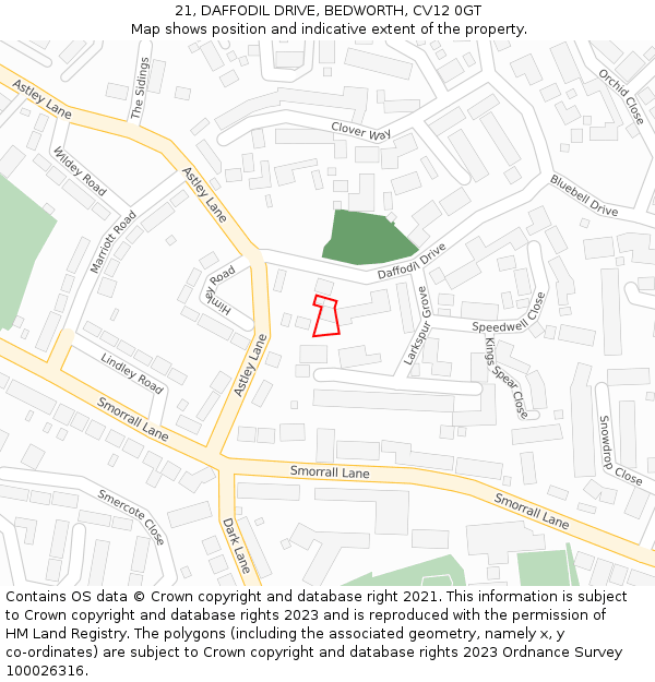 21, DAFFODIL DRIVE, BEDWORTH, CV12 0GT: Location map and indicative extent of plot