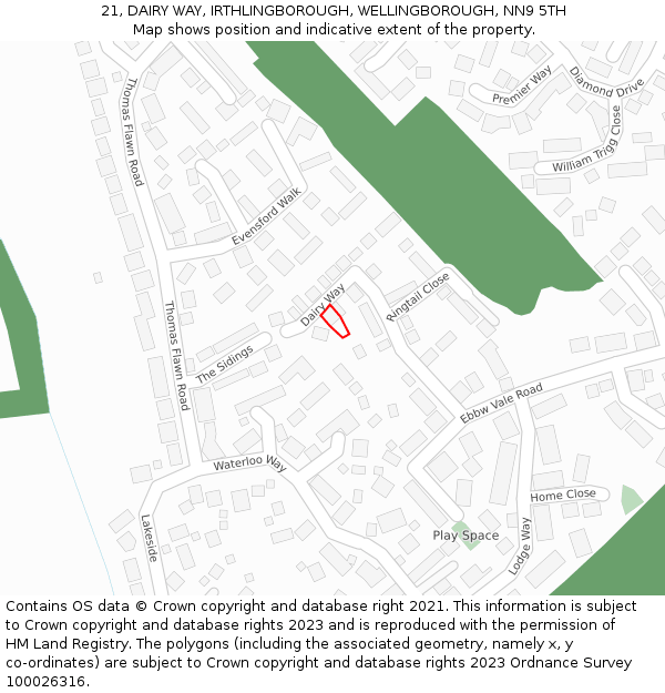 21, DAIRY WAY, IRTHLINGBOROUGH, WELLINGBOROUGH, NN9 5TH: Location map and indicative extent of plot