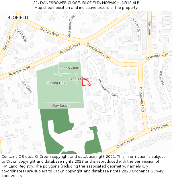 21, DANESBOWER CLOSE, BLOFIELD, NORWICH, NR13 4LR: Location map and indicative extent of plot