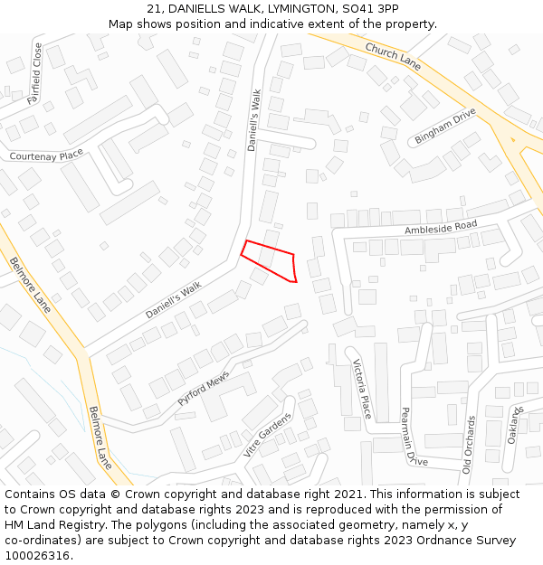 21, DANIELLS WALK, LYMINGTON, SO41 3PP: Location map and indicative extent of plot