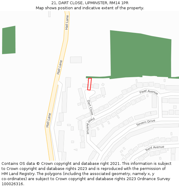 21, DART CLOSE, UPMINSTER, RM14 1PR: Location map and indicative extent of plot