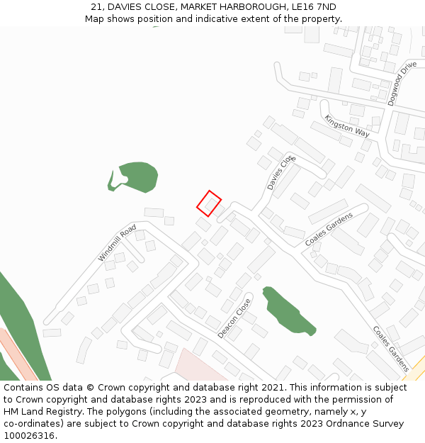 21, DAVIES CLOSE, MARKET HARBOROUGH, LE16 7ND: Location map and indicative extent of plot