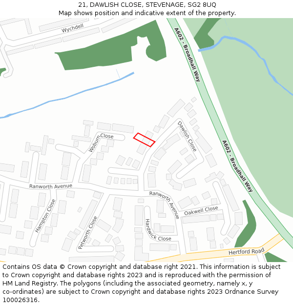 21, DAWLISH CLOSE, STEVENAGE, SG2 8UQ: Location map and indicative extent of plot