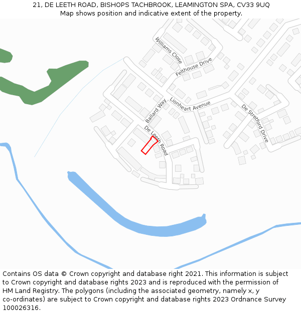 21, DE LEETH ROAD, BISHOPS TACHBROOK, LEAMINGTON SPA, CV33 9UQ: Location map and indicative extent of plot