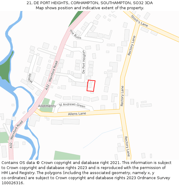 21, DE PORT HEIGHTS, CORHAMPTON, SOUTHAMPTON, SO32 3DA: Location map and indicative extent of plot