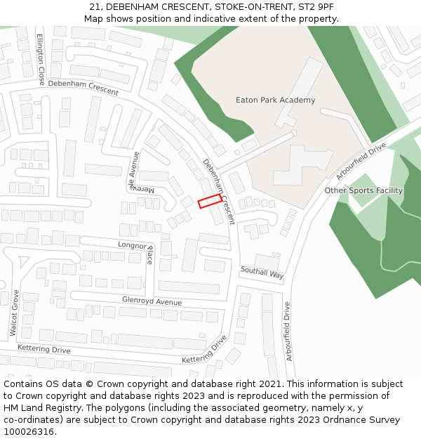 21, DEBENHAM CRESCENT, STOKE-ON-TRENT, ST2 9PF: Location map and indicative extent of plot