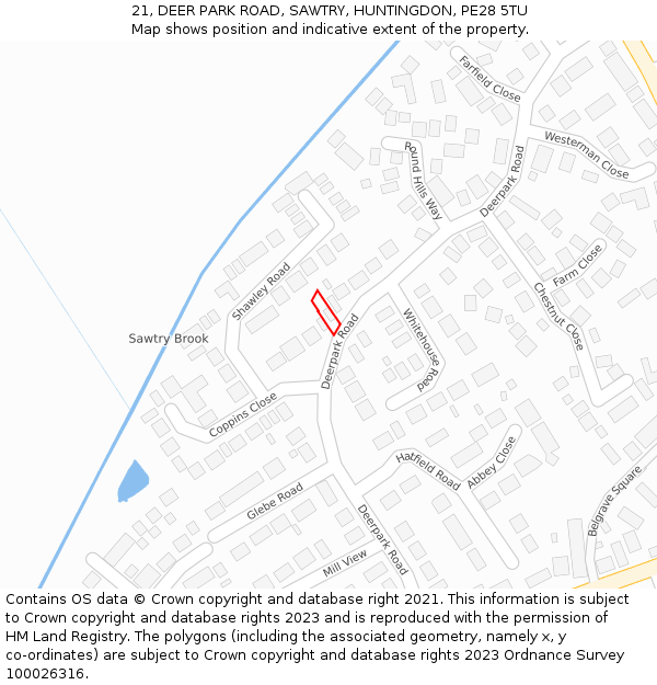 21, DEER PARK ROAD, SAWTRY, HUNTINGDON, PE28 5TU: Location map and indicative extent of plot