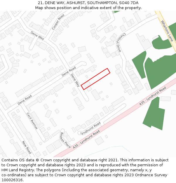 21, DENE WAY, ASHURST, SOUTHAMPTON, SO40 7DA: Location map and indicative extent of plot