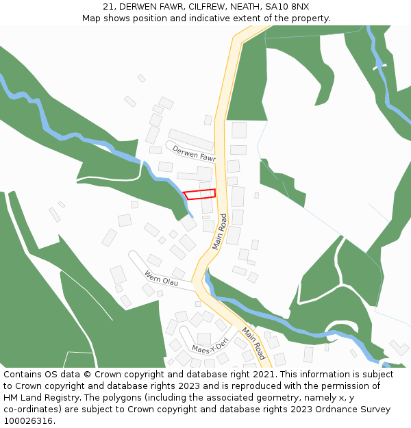 21, DERWEN FAWR, CILFREW, NEATH, SA10 8NX: Location map and indicative extent of plot
