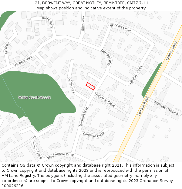 21, DERWENT WAY, GREAT NOTLEY, BRAINTREE, CM77 7UH: Location map and indicative extent of plot