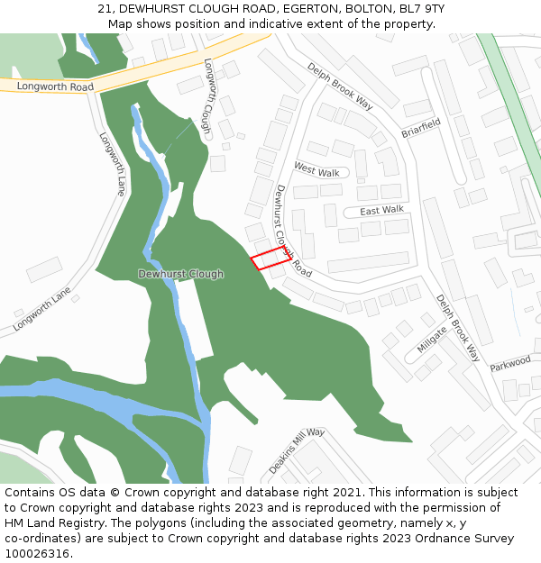 21, DEWHURST CLOUGH ROAD, EGERTON, BOLTON, BL7 9TY: Location map and indicative extent of plot