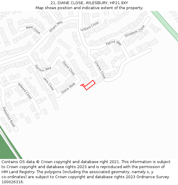 21, DIANE CLOSE, AYLESBURY, HP21 9XY: Location map and indicative extent of plot