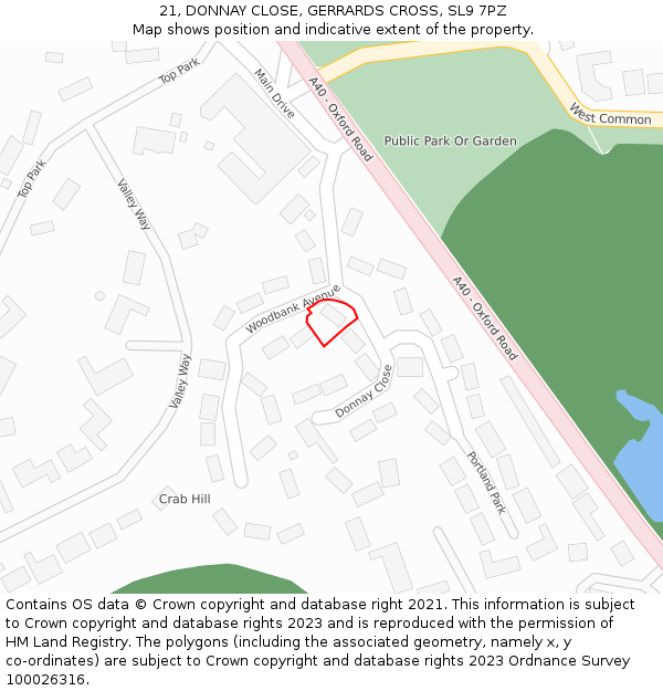 21, DONNAY CLOSE, GERRARDS CROSS, SL9 7PZ: Location map and indicative extent of plot